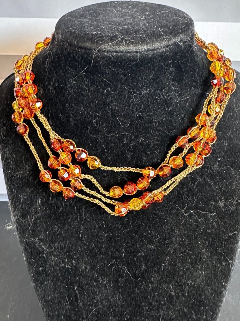 Handmade Continuous Necklace Gold Thread Brown Gold Beads Boho Endless Loop